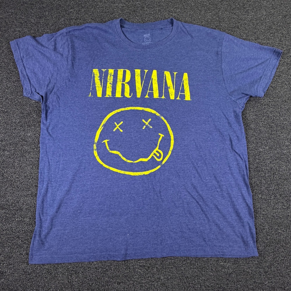 Nirvana T-Shirt Mens XL Smiley Face Logo Blue Graphic Tee EUC